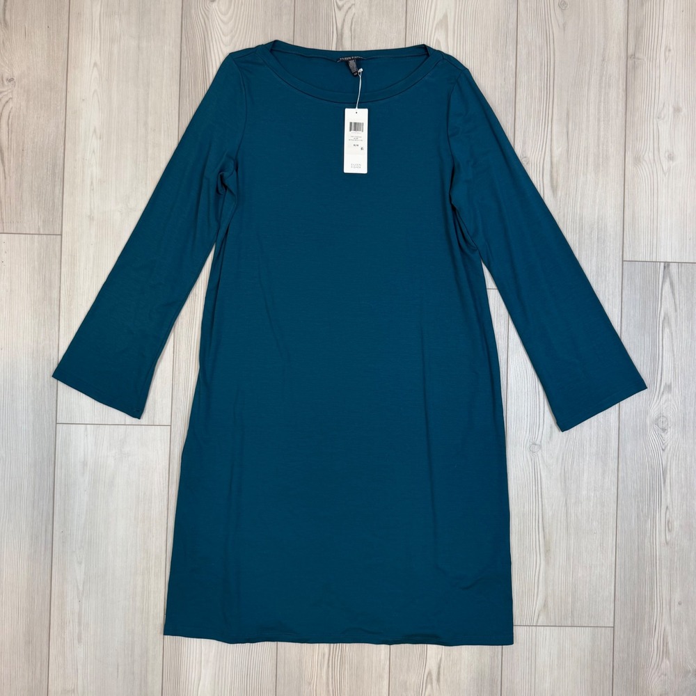 NWT Eileen Fisher Blue Spruce Tencel Jersey Bateau Neck Dress F9FTJ-D4334 Medium